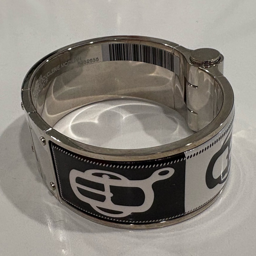 Hermes Enamel Printed Extra Wide black and white Hinged Bracelet. With box
